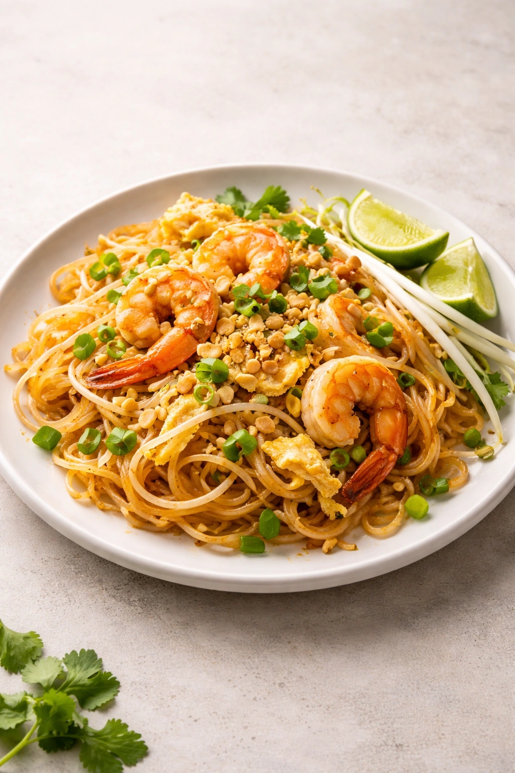 Single plate of Pad Thai on a neutral surface highlighting noodles and eggs.