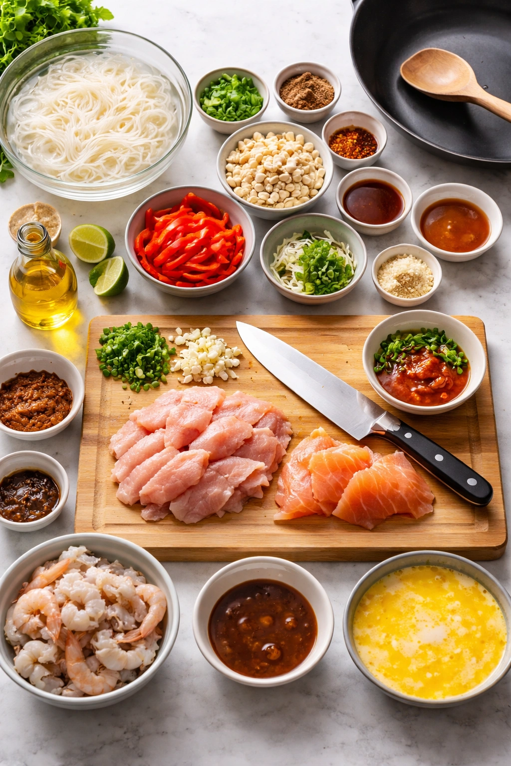 Organized prep station with prepped ingredients for quick pad Thai