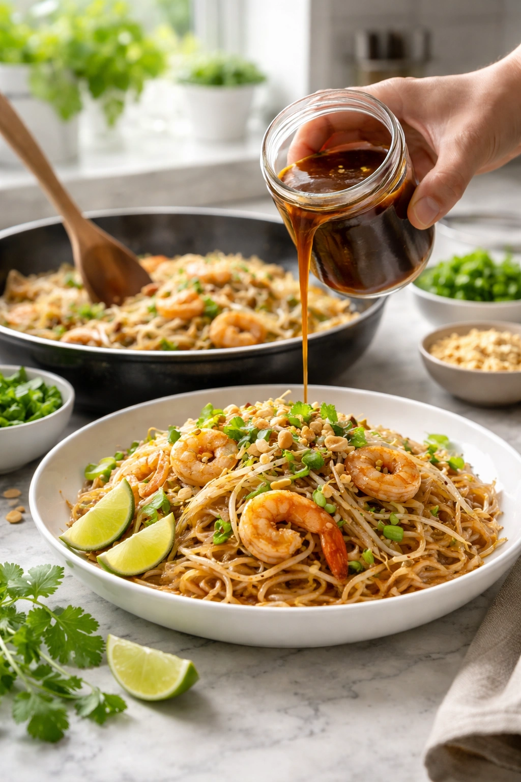 Pad Thai plated with even glossy sauce ready to toss
