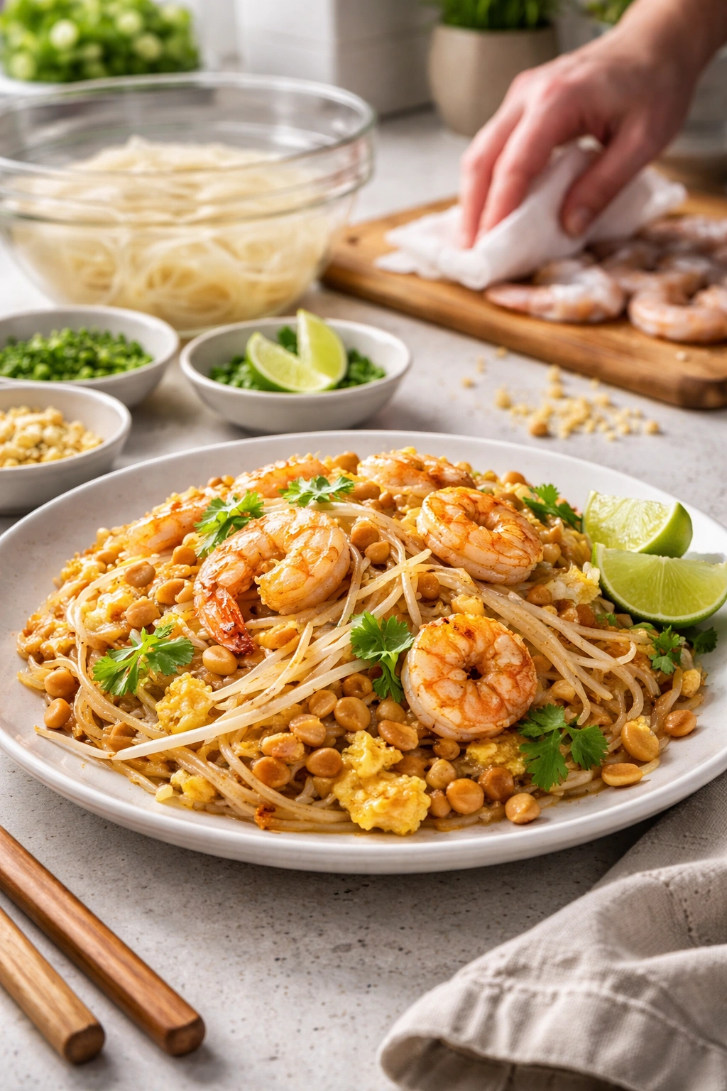 Pad Thai with shrimp and eggs on plate, photographed close-up