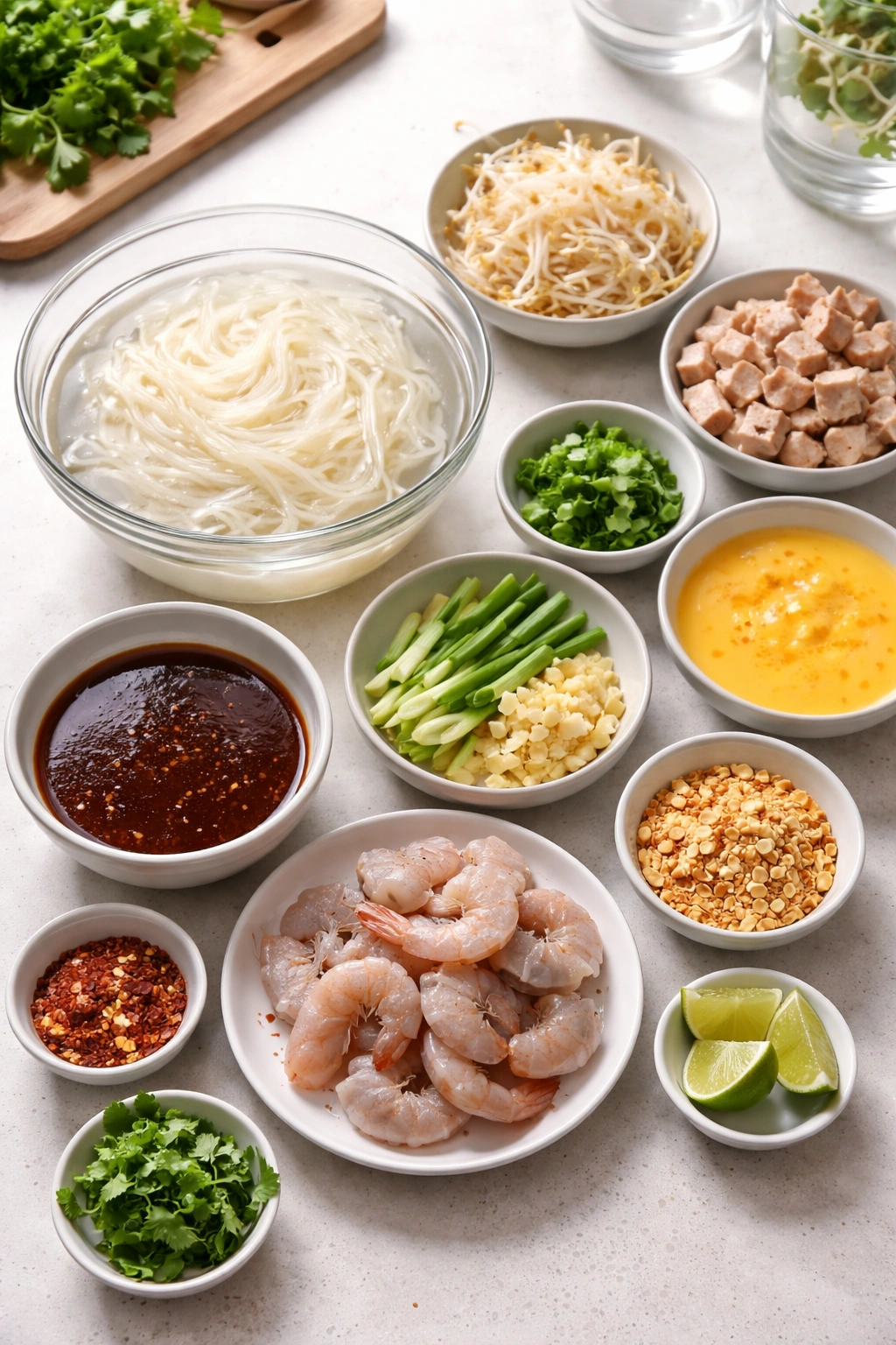Mise en place for pad Thai showing noodles soaking, sauce bowl, and ingredients lined up