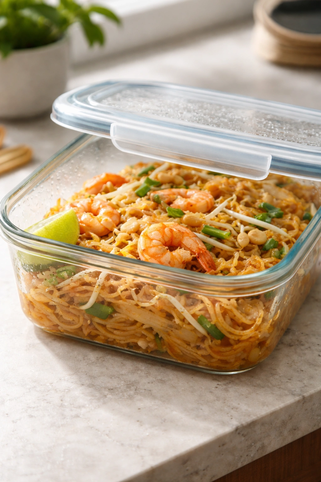 Pad Thai in a glass storage container ready for refrigeration or reheating.