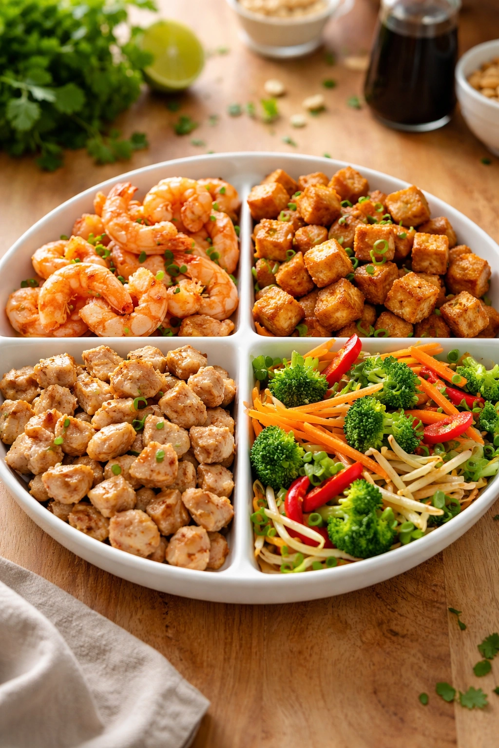 Plate with four quadrants illustrating Pad Thai variations: shrimp, tofu, chicken, vegetables.