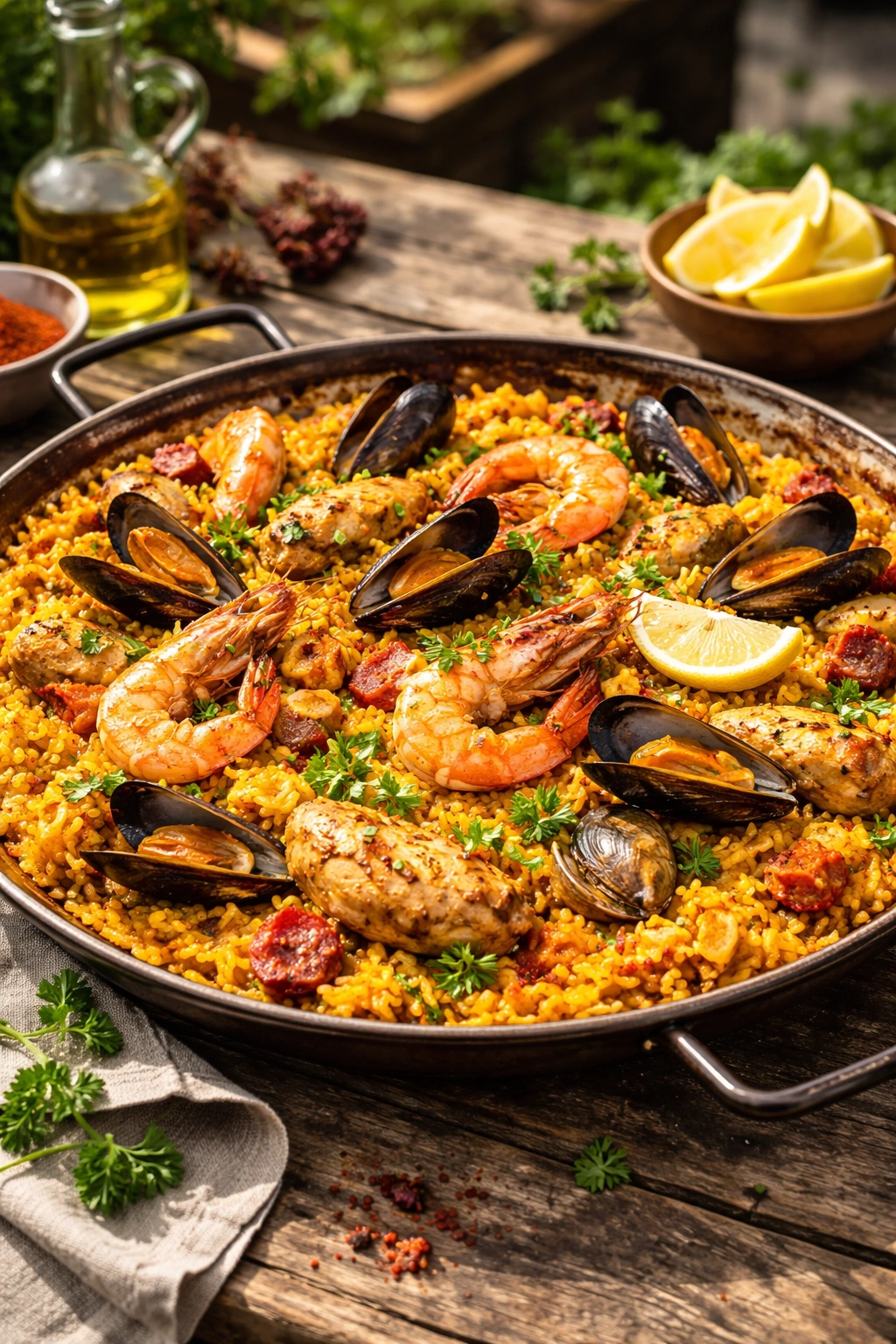 Paella with saffron rice, seafood and meat in a paella pan