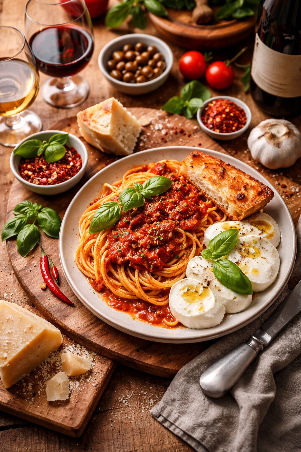 Plate of sauce with mozzarella and bread for pairings