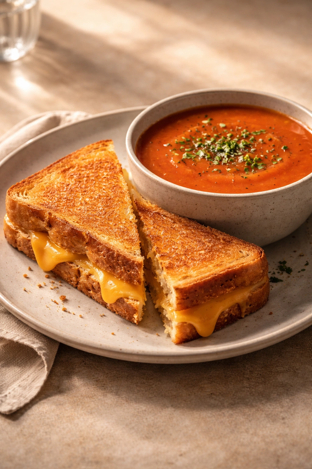Grilled cheese and soup on a plate illustrating the pairing philosophy
