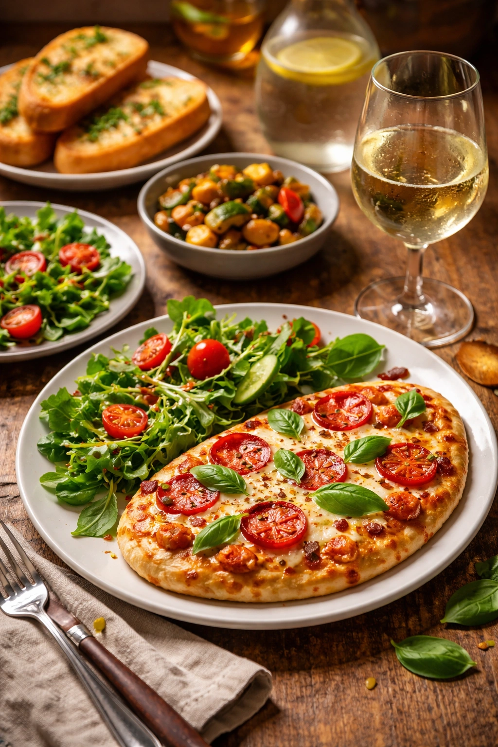Naan pizza plated with side salad and a glass of white wine