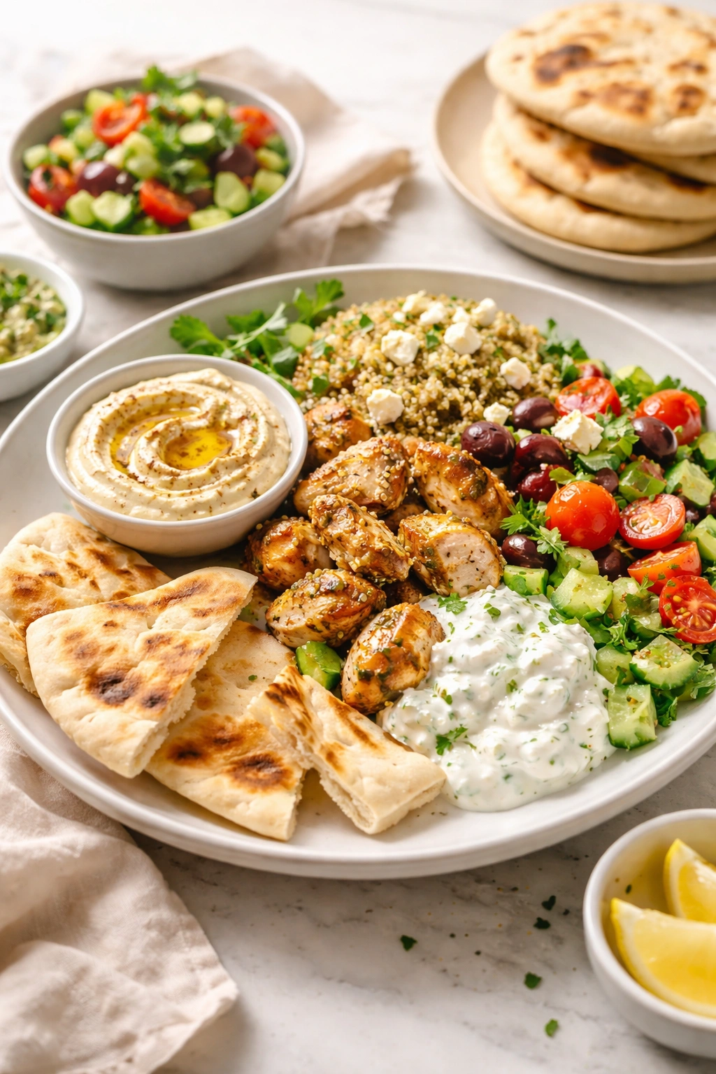 Greek chicken bowl with flatbread and hummus side for serving suggestions