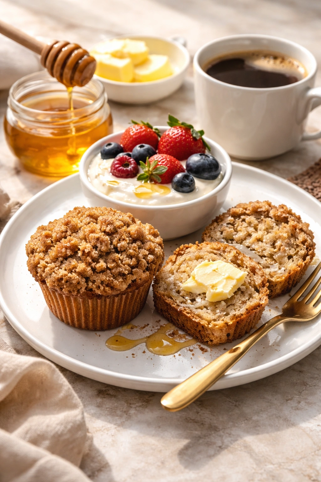 Muffin served with yogurt berries and honey on plate