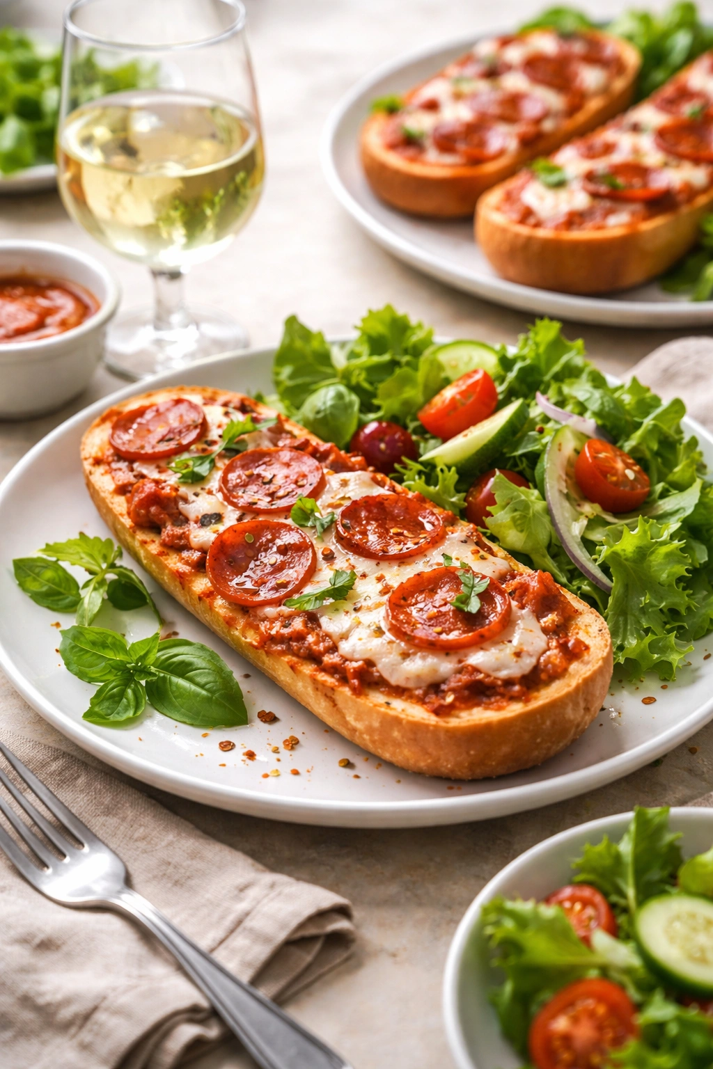 Finished French bread pizza with salad and wine pairing