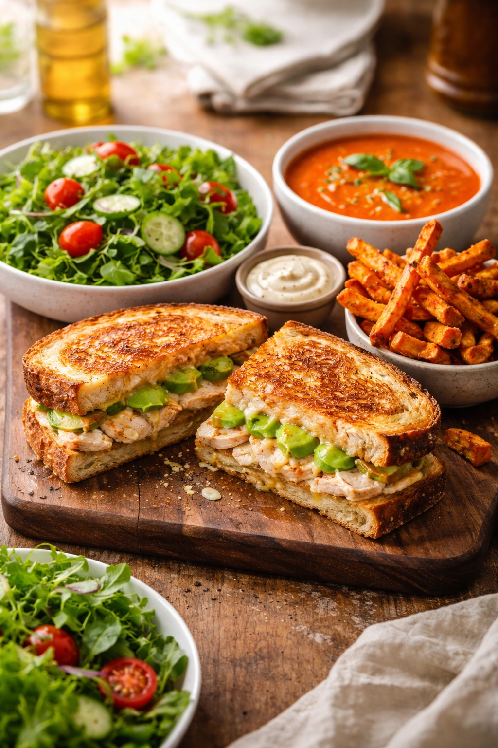 Salad, fries, and tomato soup on a board, illustrating perfect pairings with a chicken avocado melt