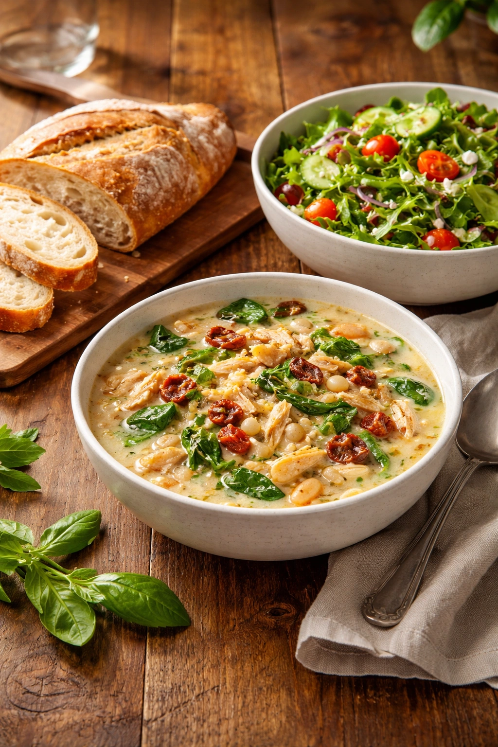 Soup bowl with crusty bread and green salad on a wooden table