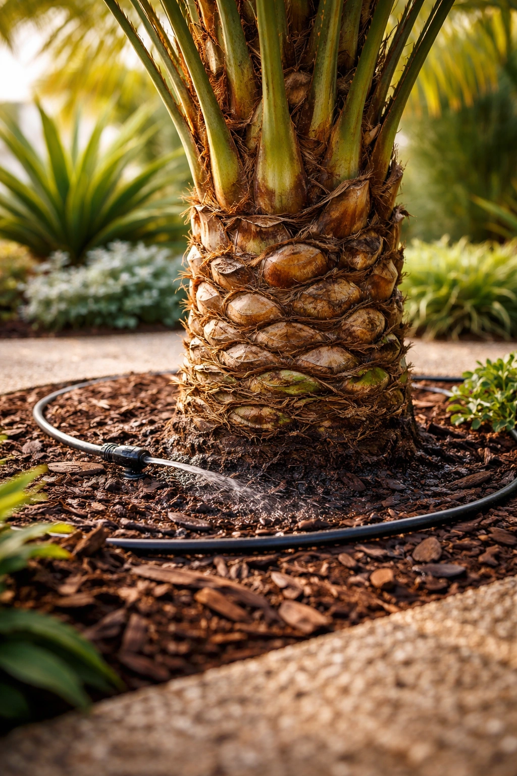 Close-up of palm root zone with irrigation tubing.