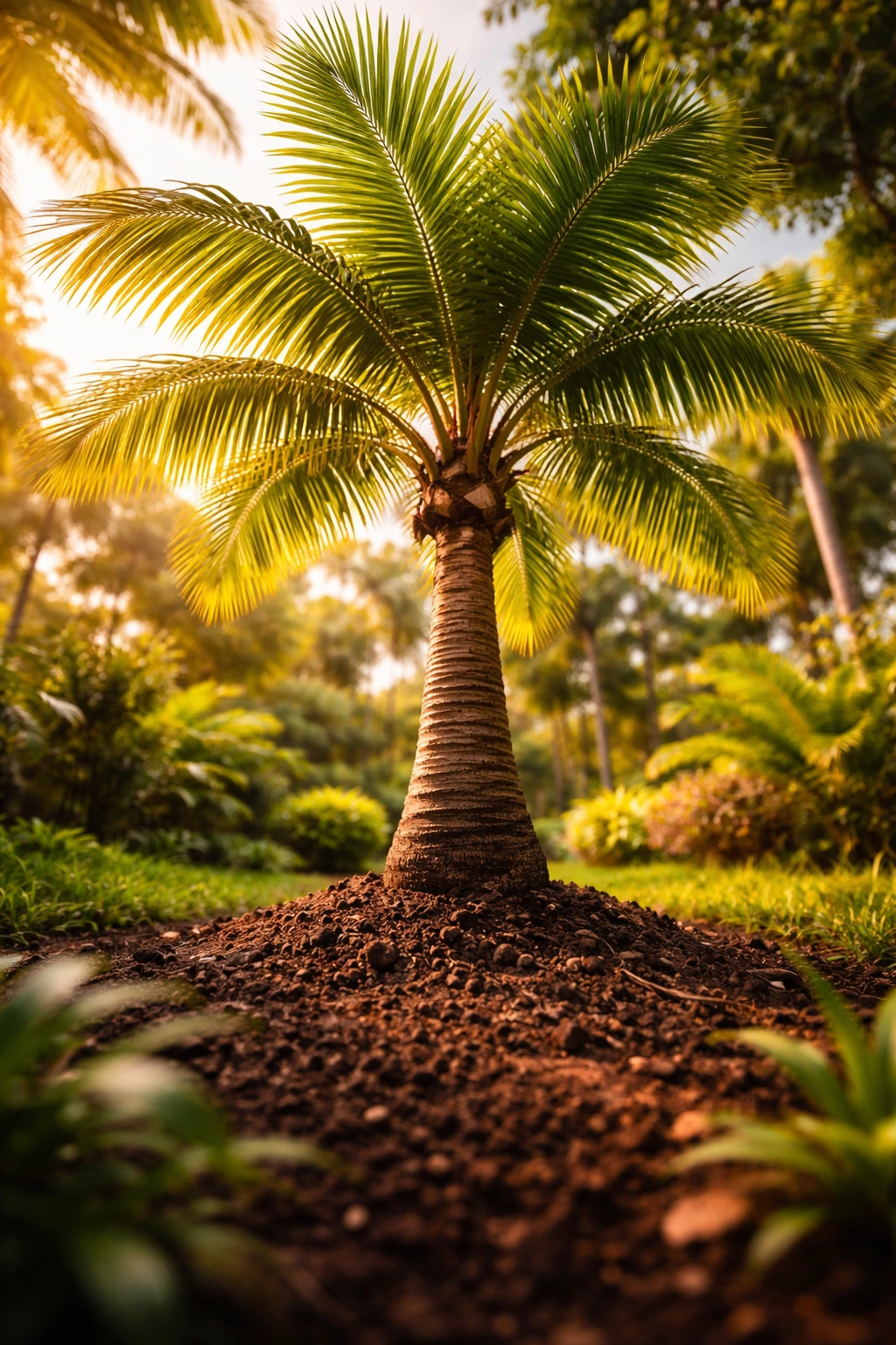 Single palm tree with rich soil at base in tropical garden, illustrating special fertilization needs