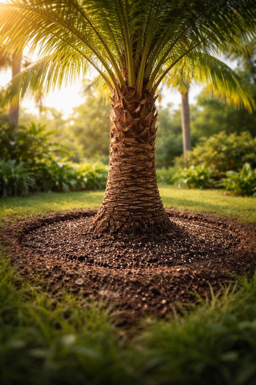 Palm tree base with moist soil and fertilizer granules around the root zone