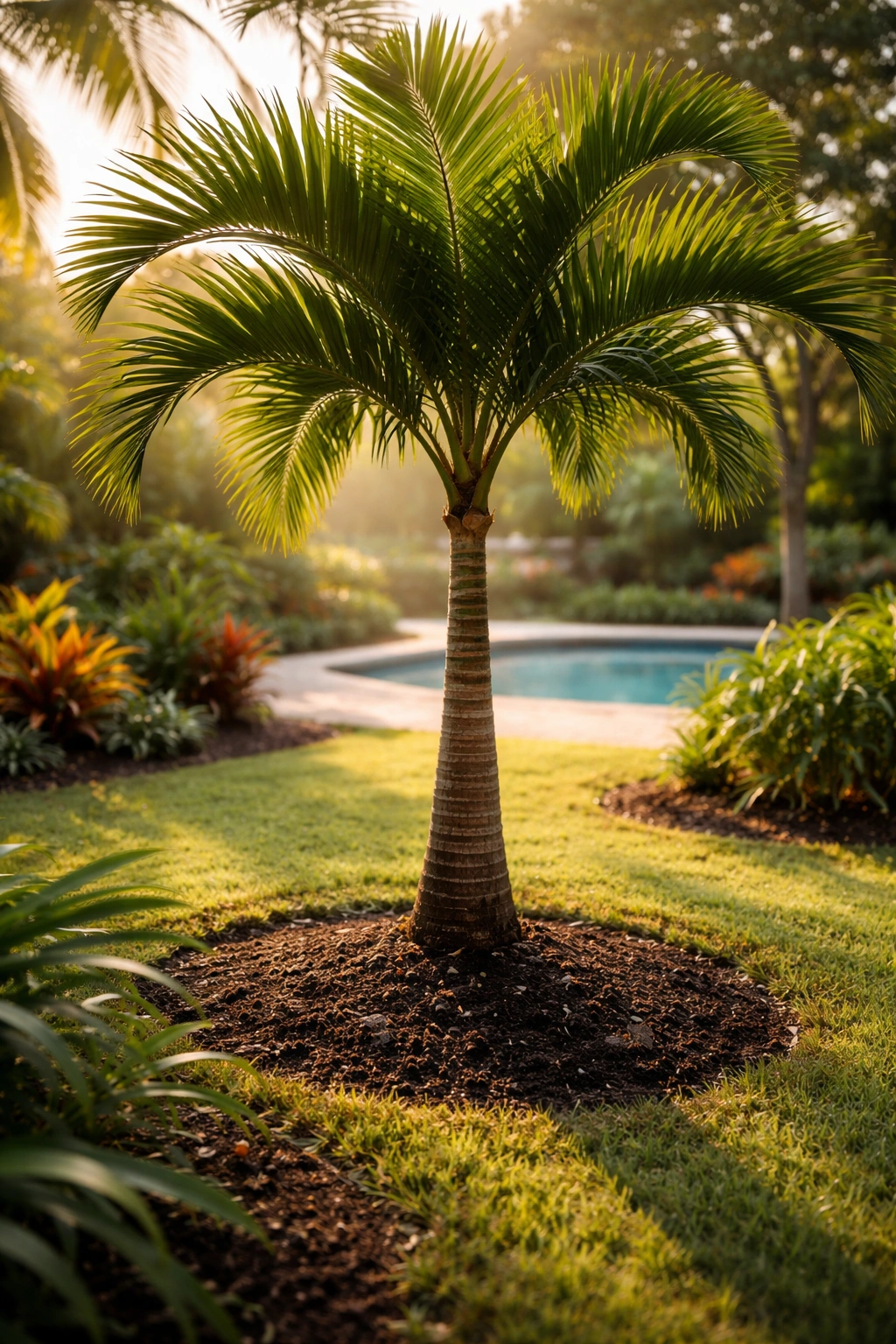 Palm tree in morning light in a tropical yard illustrating fertilization timing
