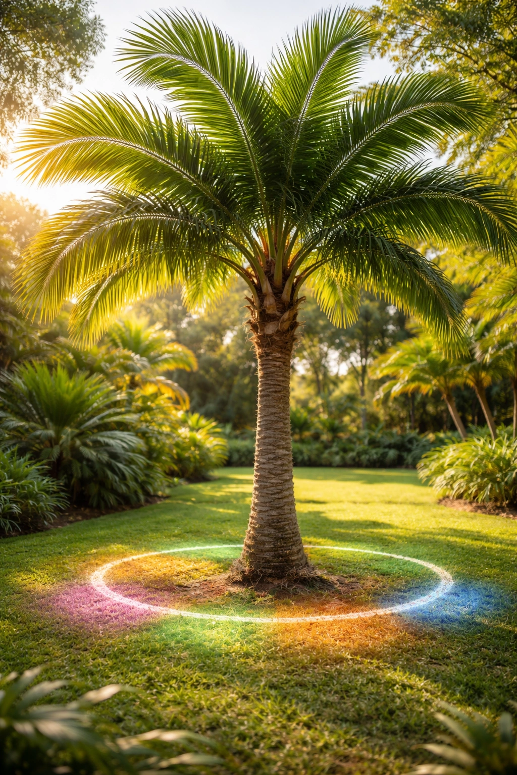 Palm tree in garden showing seasonal fertilization timing cues (no text).