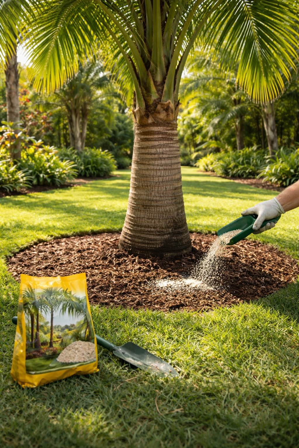 Palm tree in garden showing correct fertilizer application zone