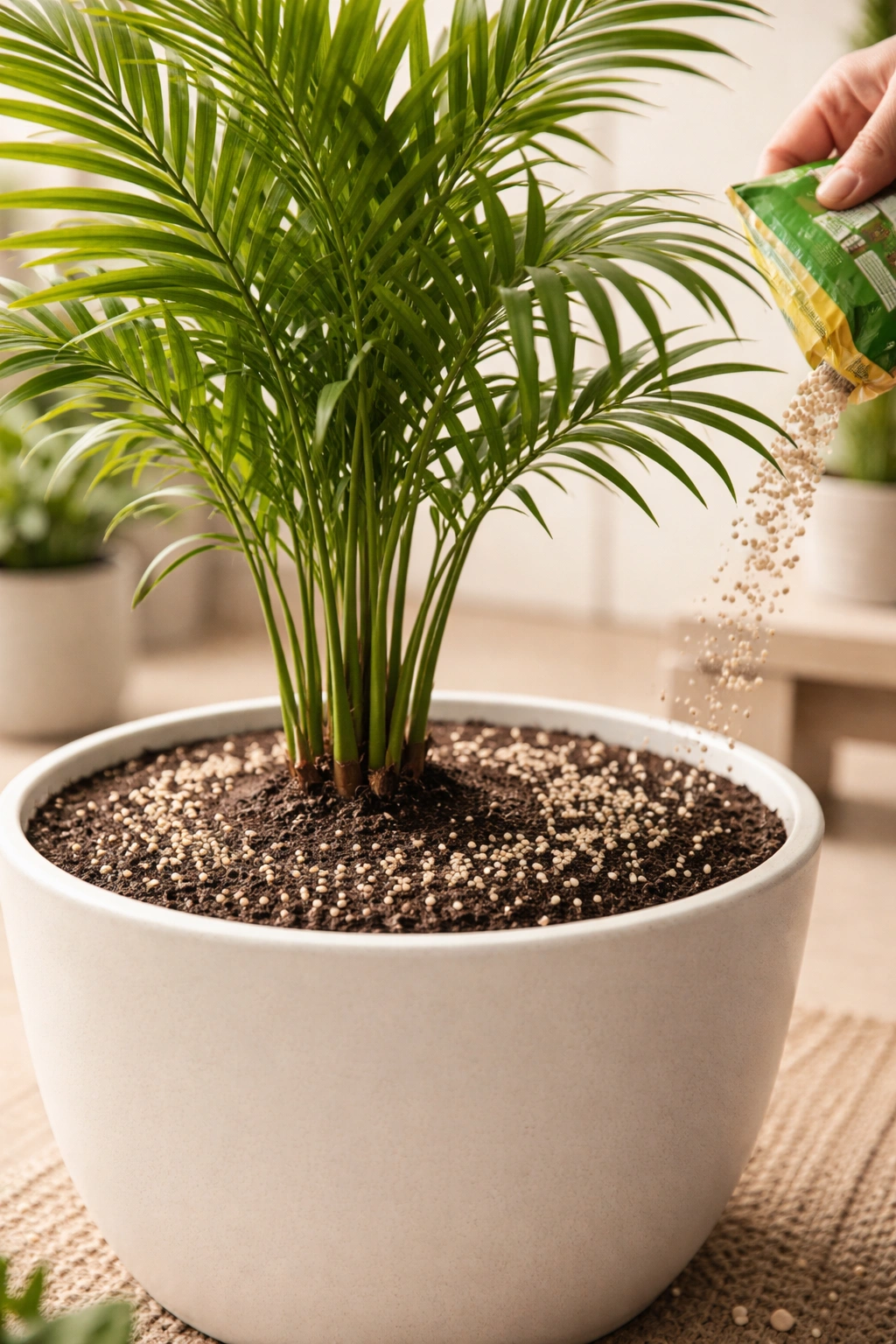 Palm in pot with fertilizer granules scattered on soil surface