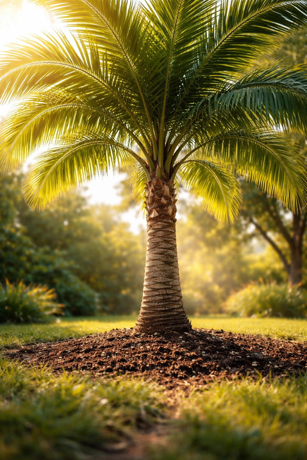 Palm tree in sunlit garden with rich soil at base, illustrating fertilizer choice