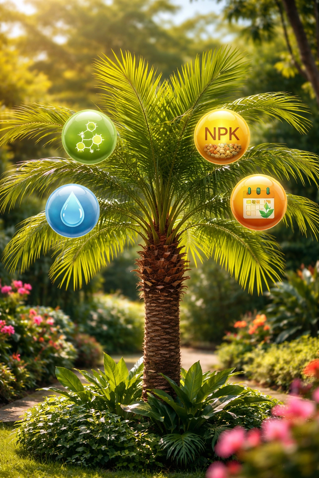 Palm tree with neutral spheres around crown representing fertilizer considerations.