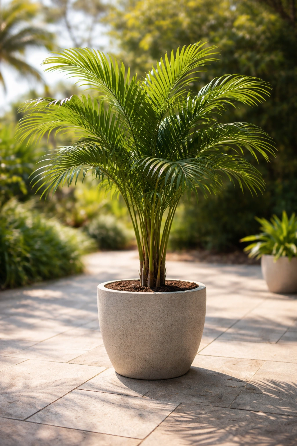 Potted palm on patio illustrating fertilizer selection