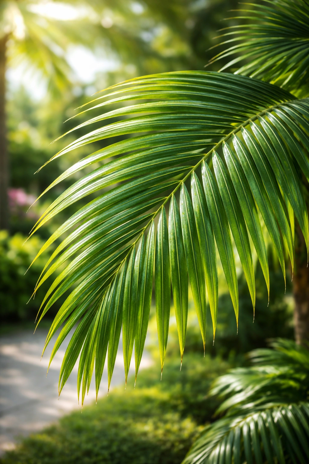 Close-up of a healthy palm frond highlighting nutrient-rich growth