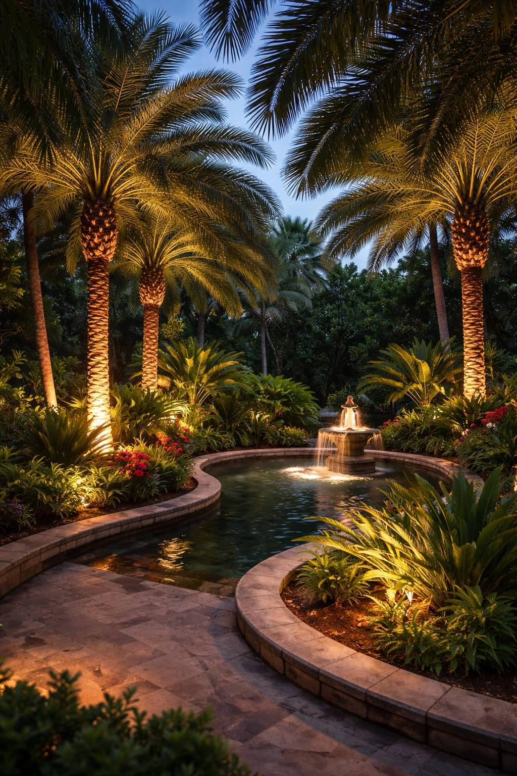 Palm garden with uplighting, curved edging, and a small fountain at dusk