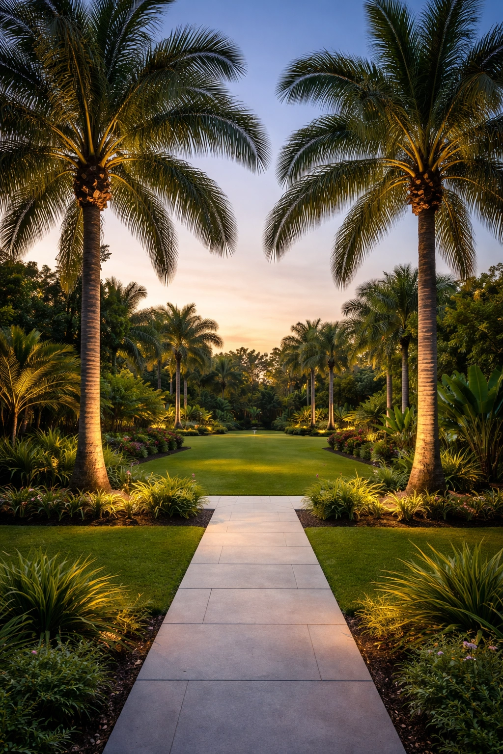 Tall palms frame a garden path in a tropical design.