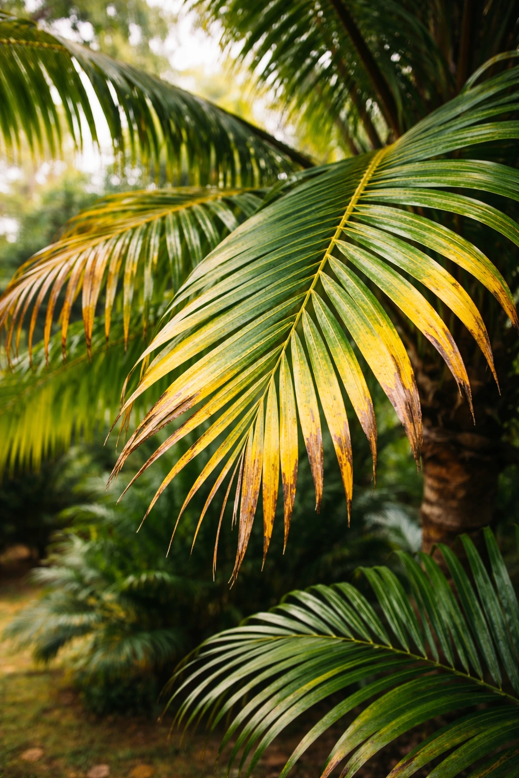 Palm fronds showing yellowing signs of nutrient deficiency