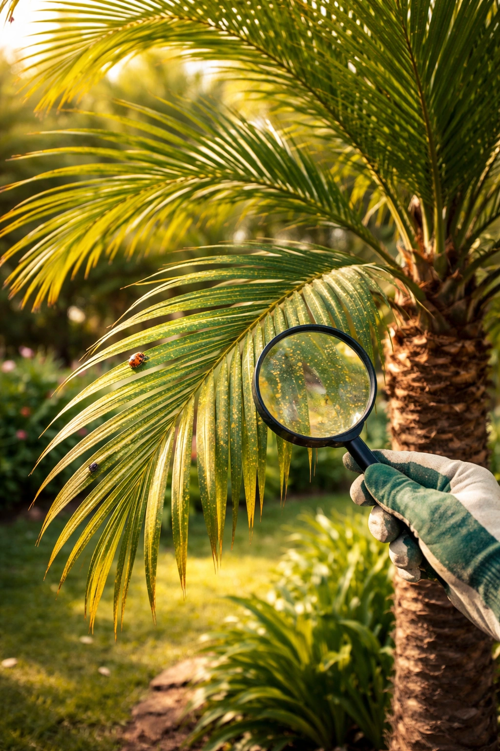 Palm tree in outdoor garden with frond stippling suggesting pest monitoring