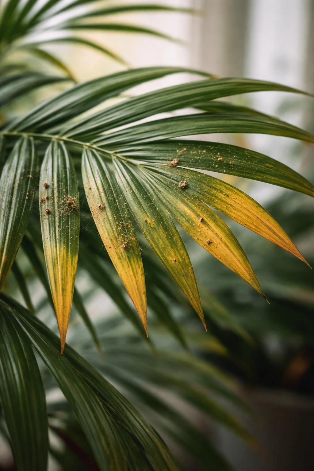 Palm leaf with yellowing and signs of pests in an indoor setting