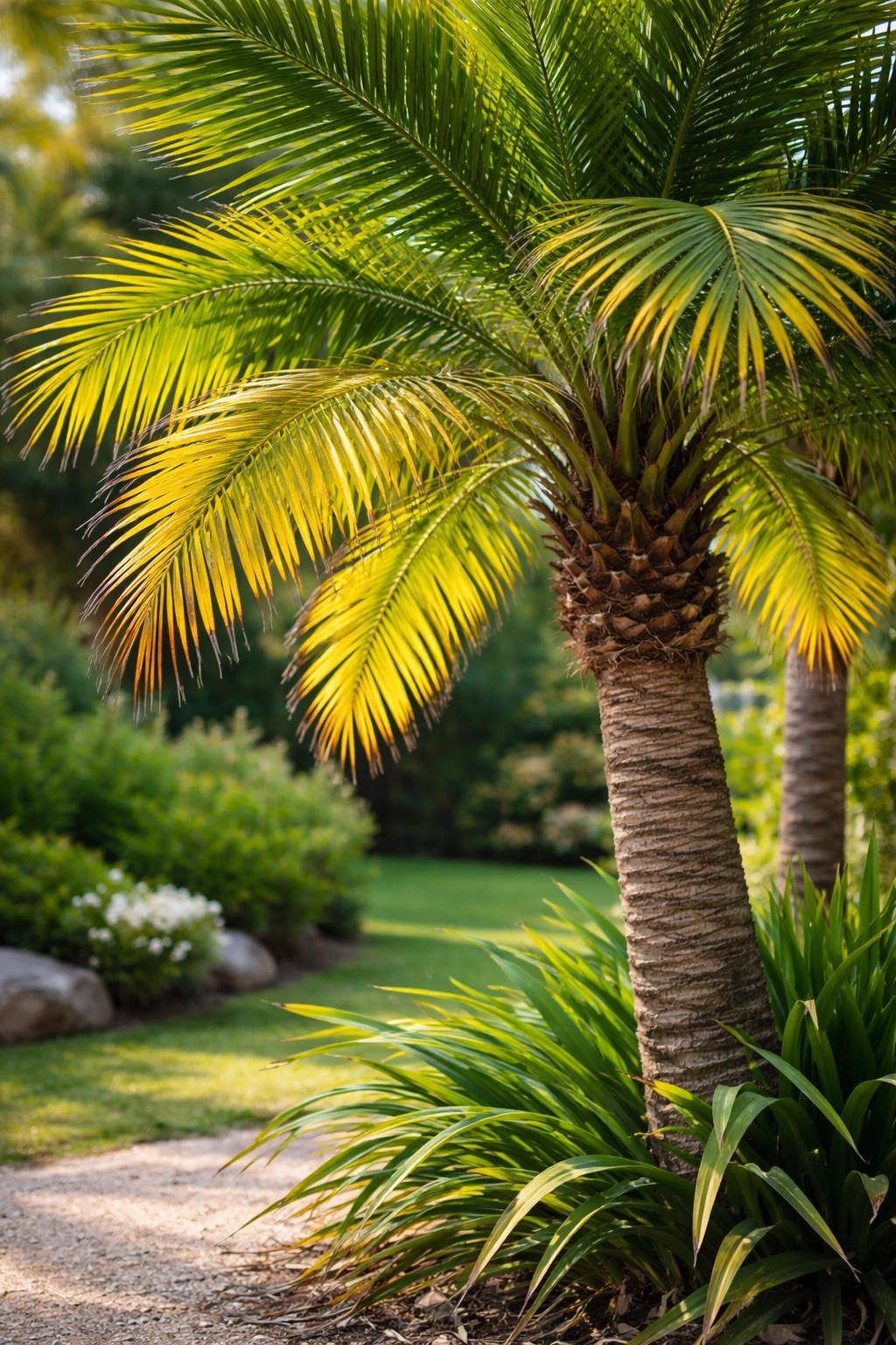 Close-up of a palm tree showing yellowing fronds, yellow margins, and brown tips