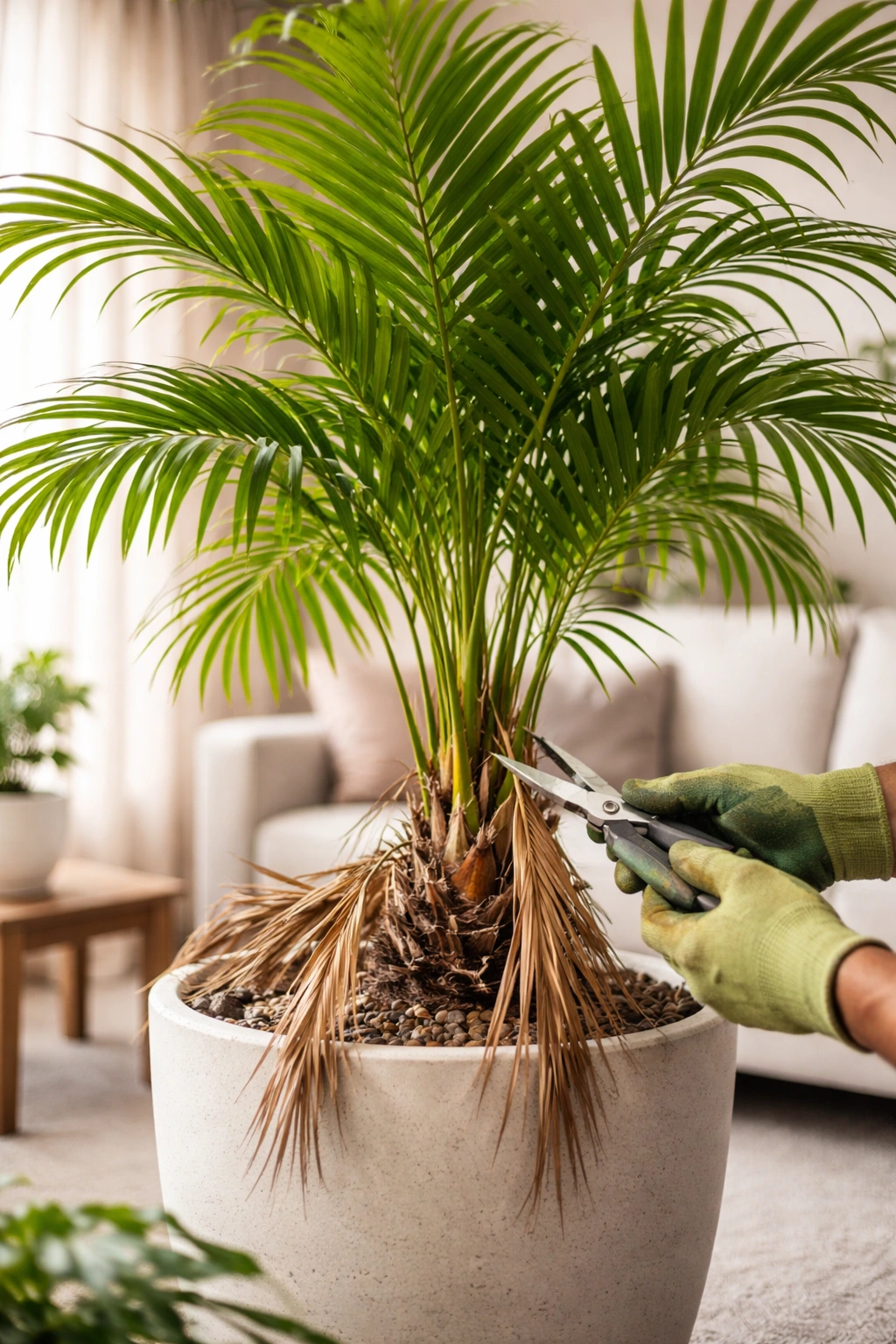 Indoor palm with green fronds and some brown dead fronds, demonstrating pruning and maintenance