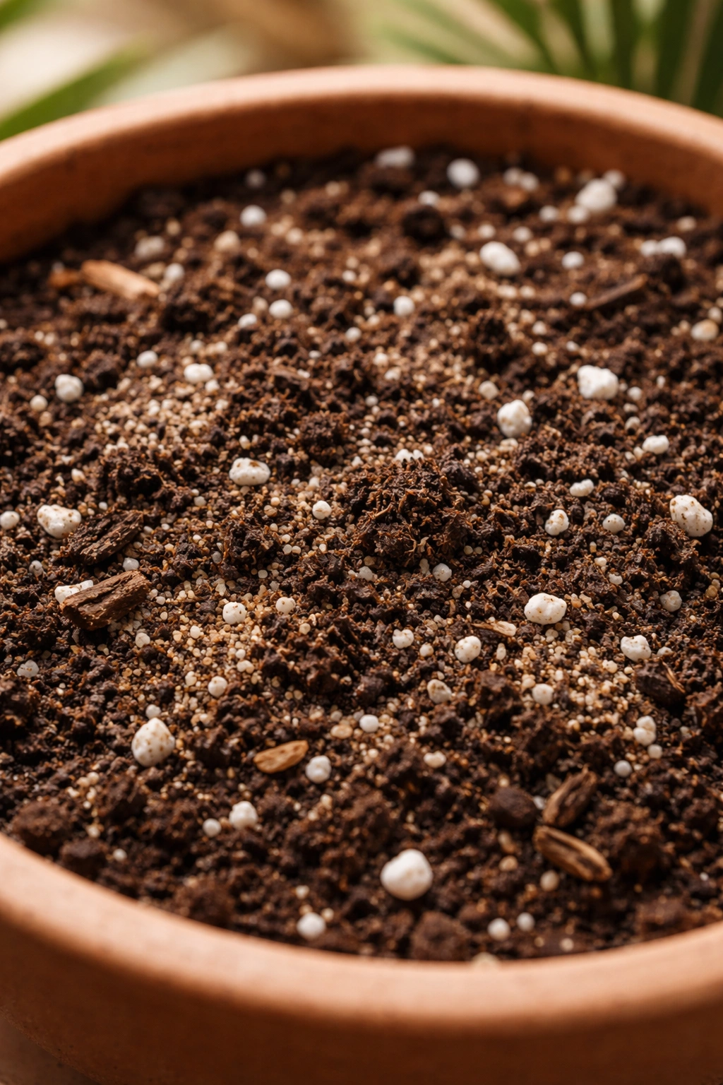 Close-up of well-draining palm soil mix with peat moss, perlite, and sand