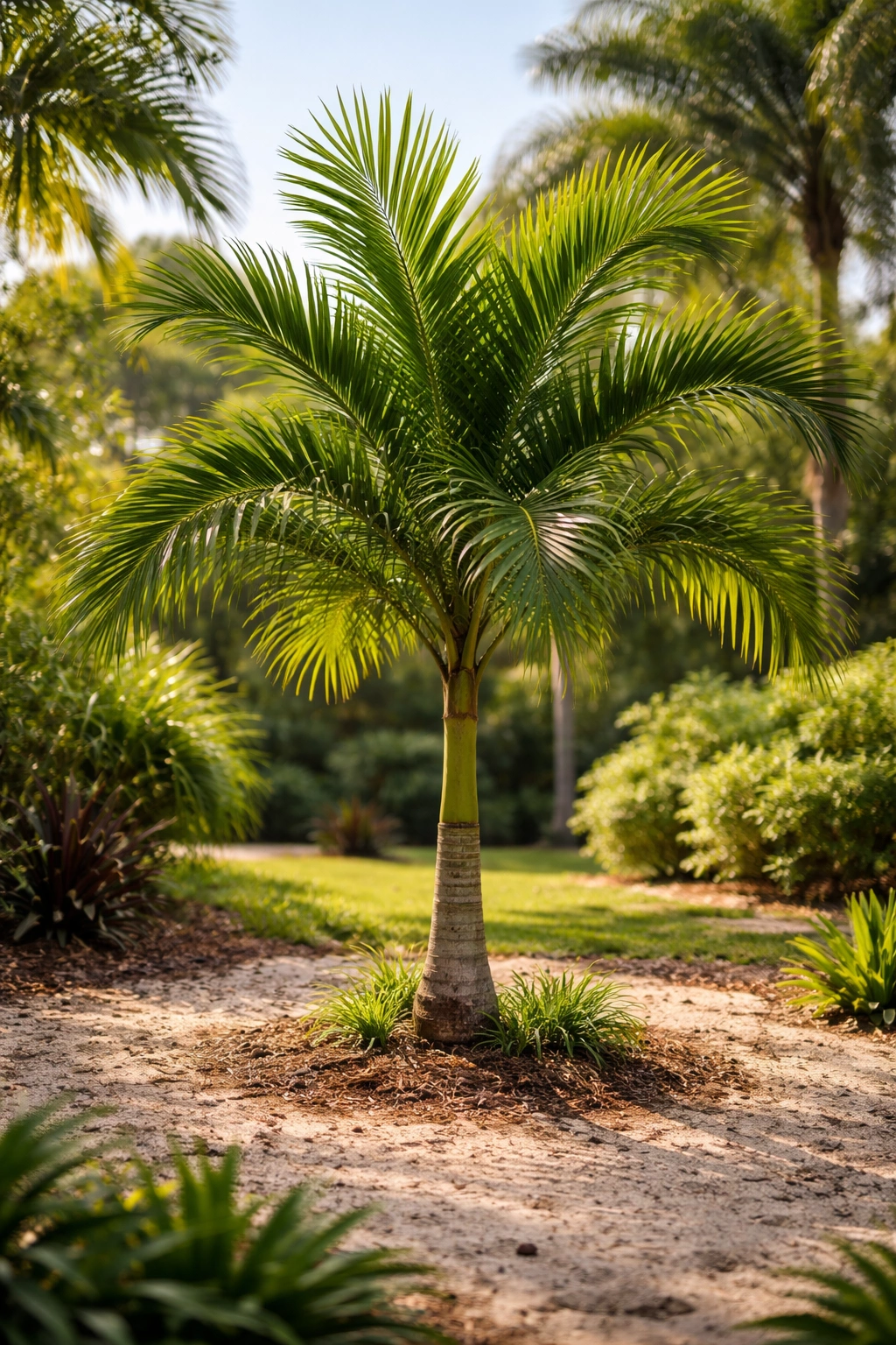 Healthy palm tree in sandy soil illustrating need for specialized plant food