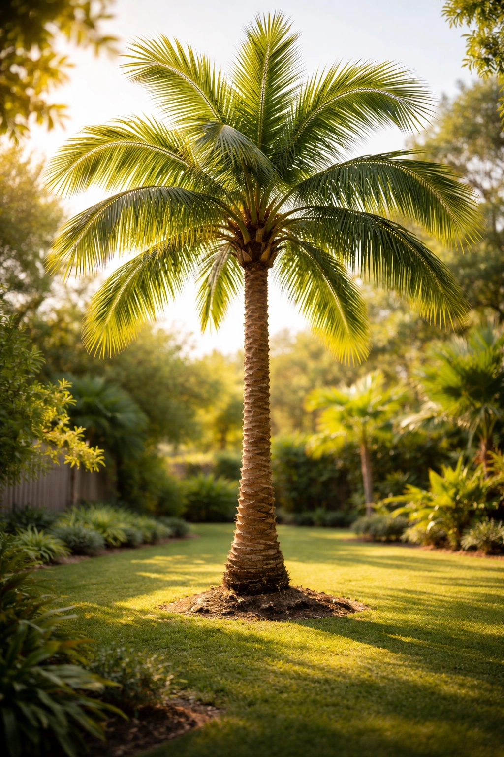 Single palm tree in sunlit backyard showing fibrous trunk and palm fronds