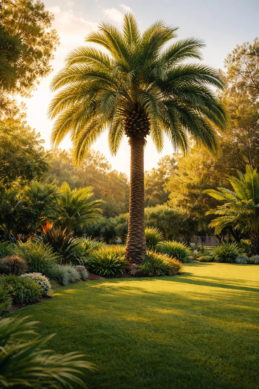 Palm tree in a pristine garden with golden hour light.
