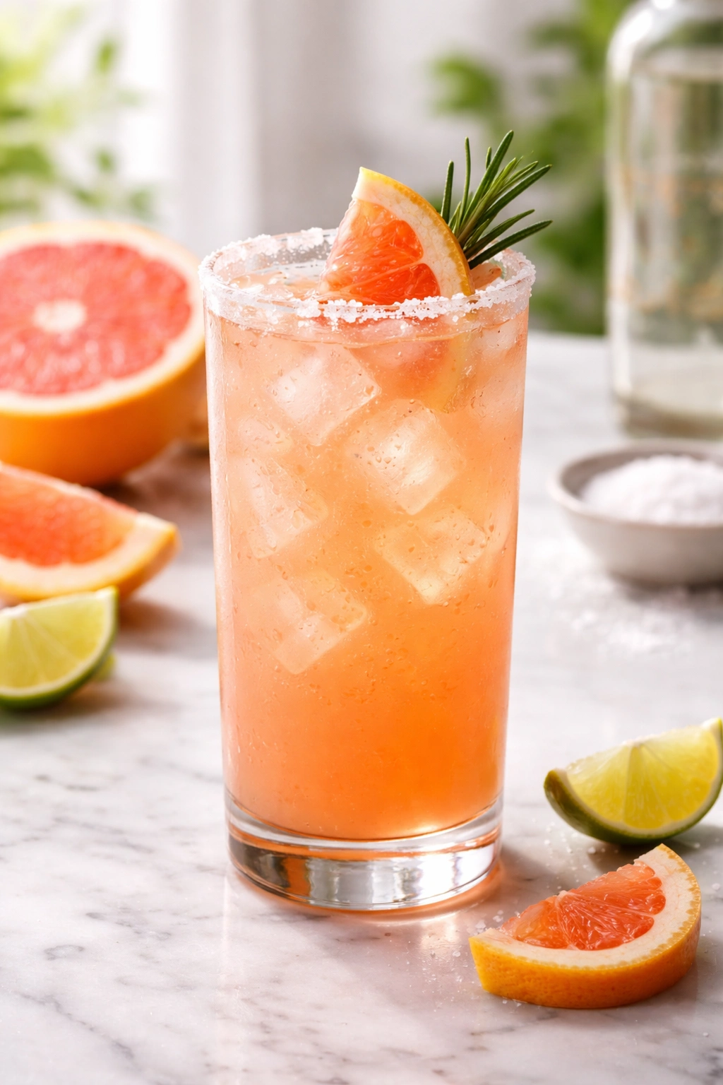 Close-up of a Paloma cocktail in a glass with ice and salt rim