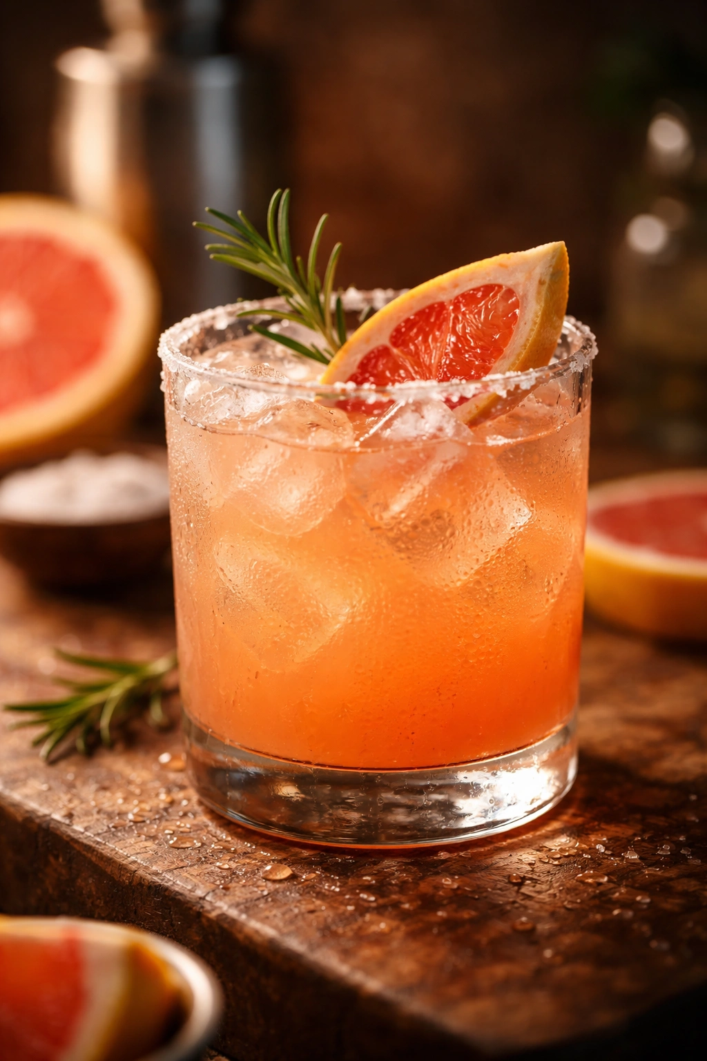 Close-up of a Paloma cocktail with condensation on the glass.