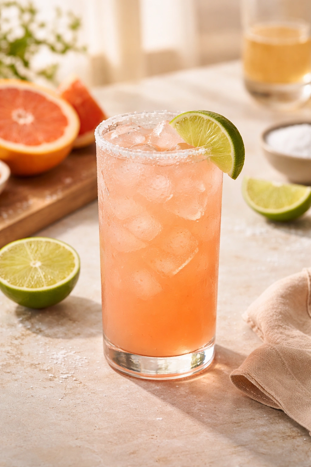 Paloma cocktail in a tall glass with lime and grapefruit on a light surface