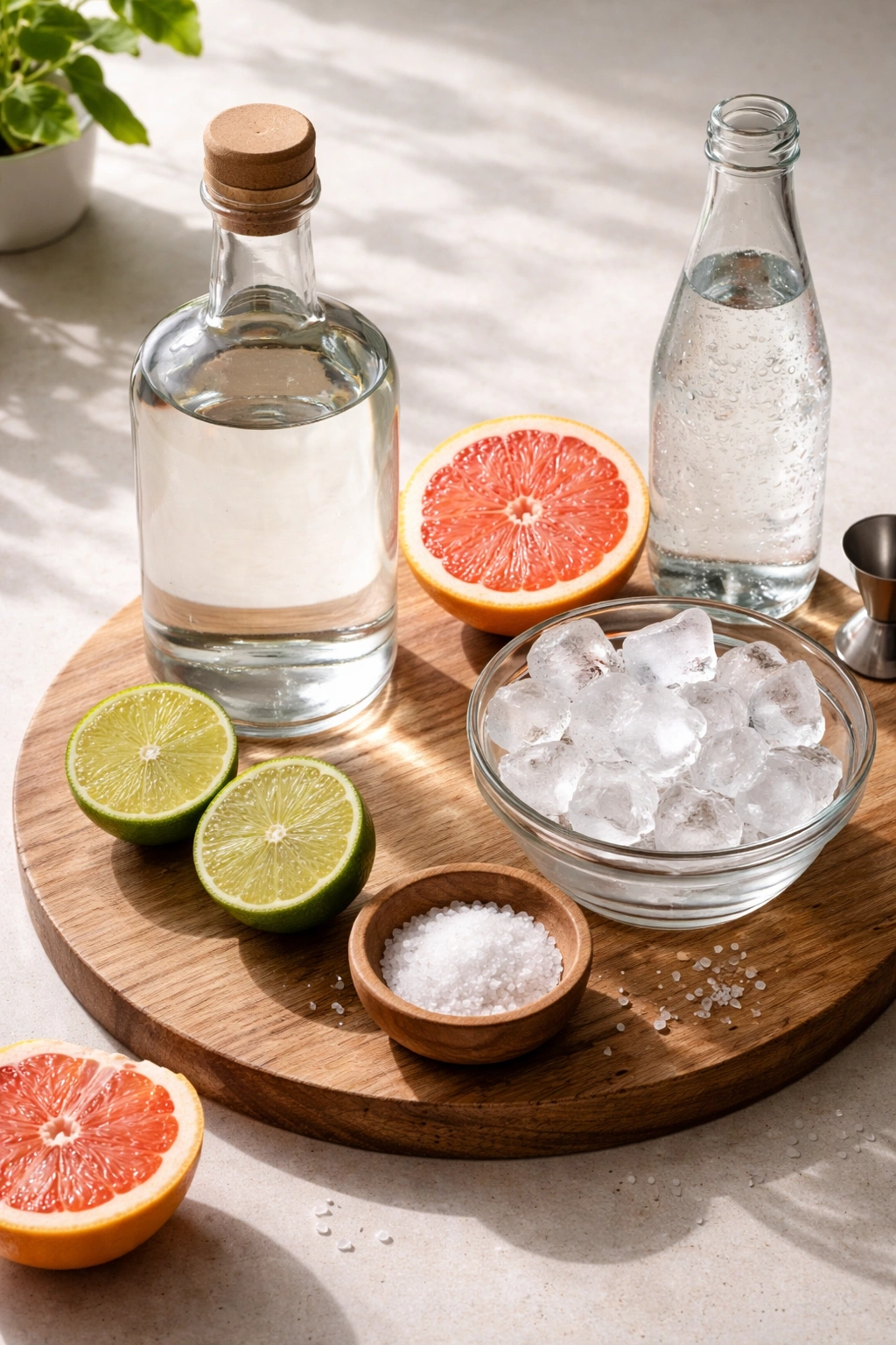 Unlabeled tequila bottle with grapefruit and lime halves, salt, ice, and soda water on wood