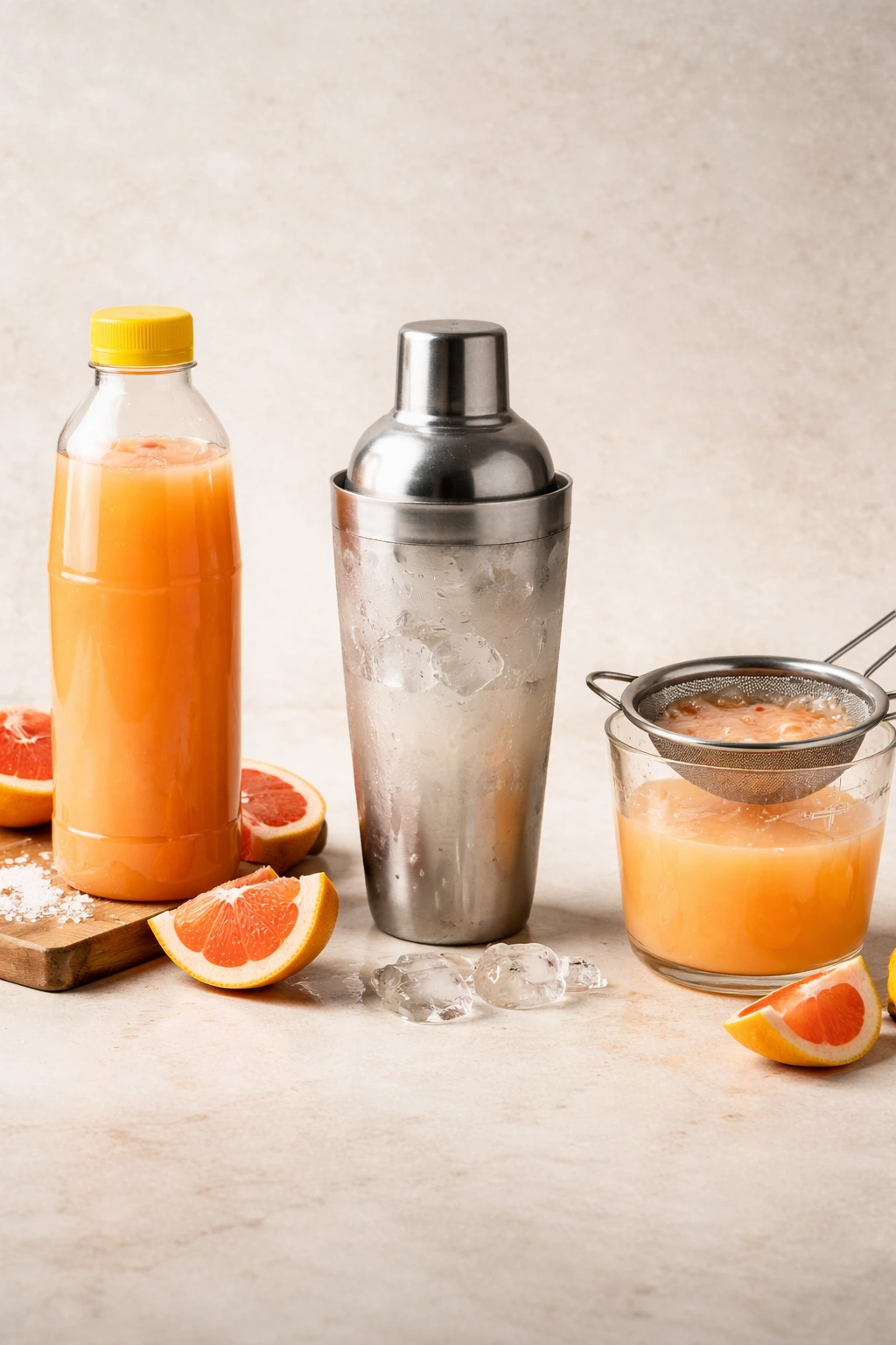 Unlabeled juice bottle, shaker mid-shake, and strainer with pulp