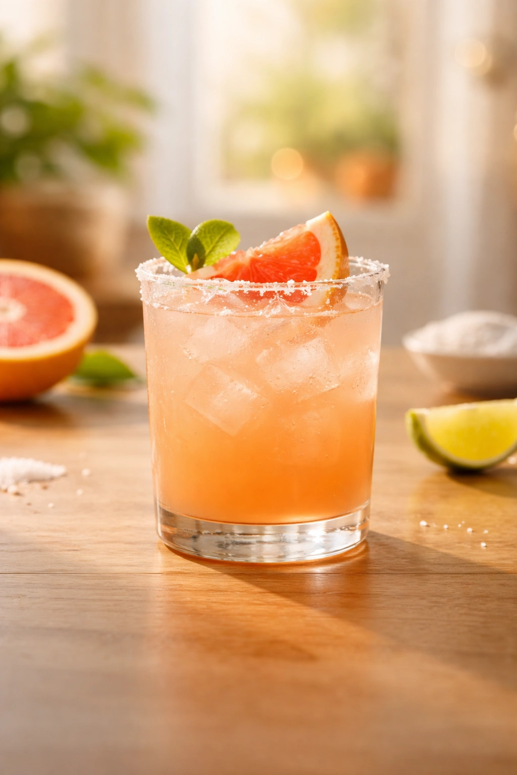 Single Paloma cocktail on a wooden table, illustrating versatility for various occasions.