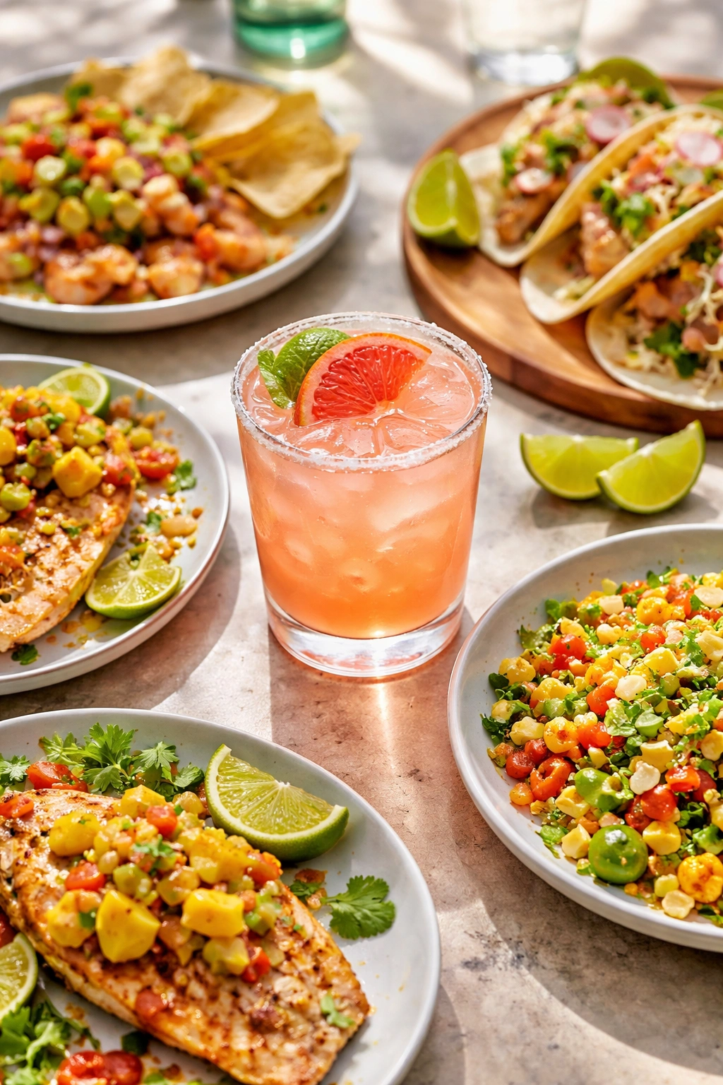 Paloma cocktail with small plates around it suggesting food pairings.