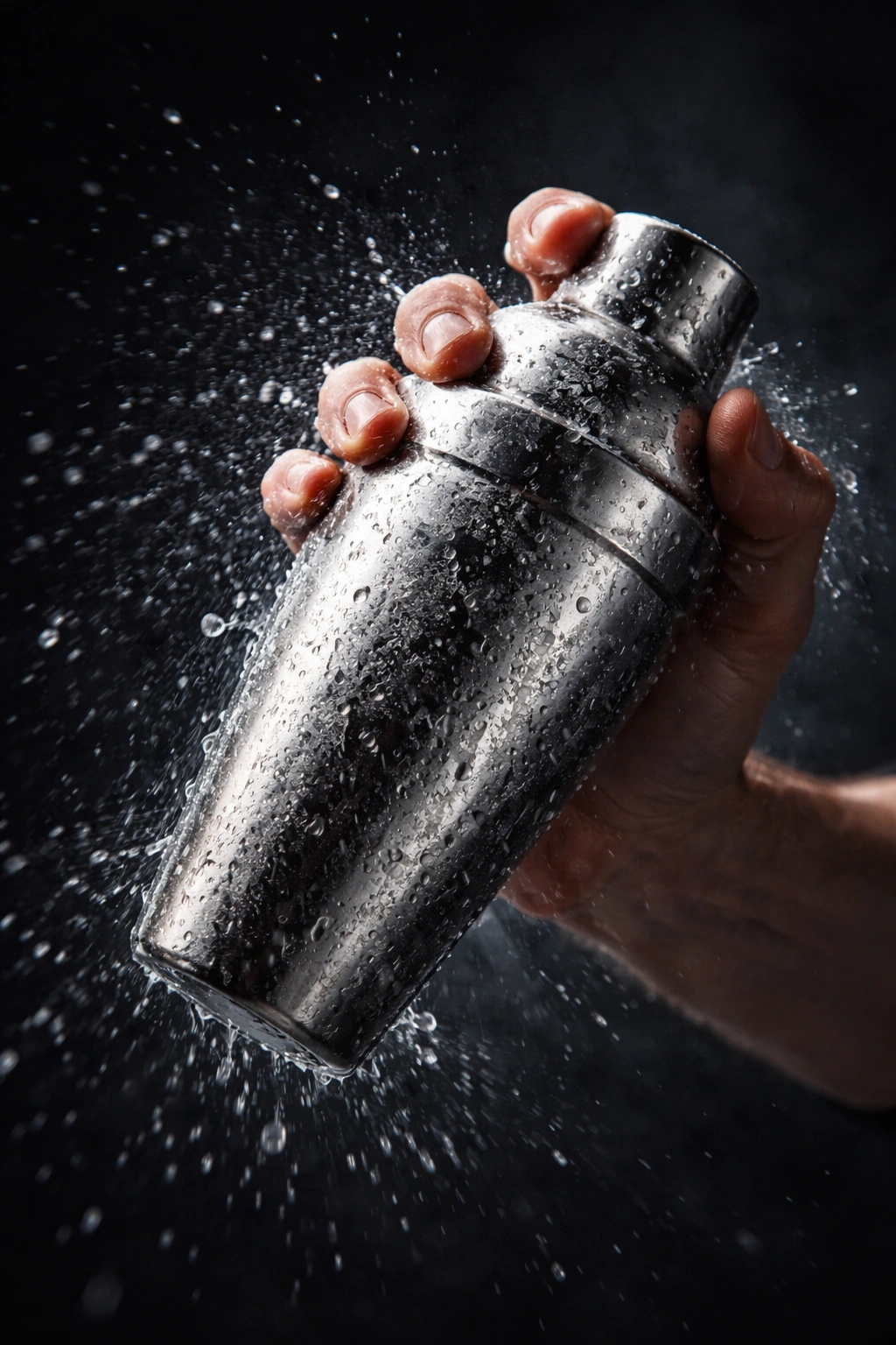 Hand vigorously shaking a frosty cocktail shaker