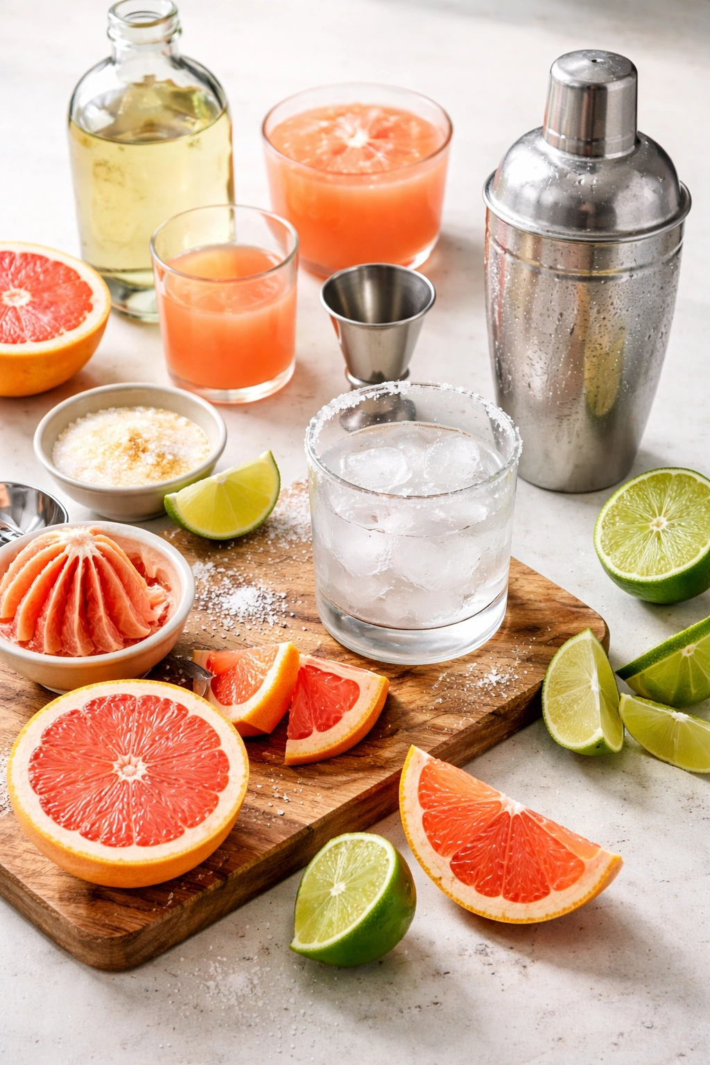 Rimmed glass, shaker, jigger, and citrus ready for Paloma steps