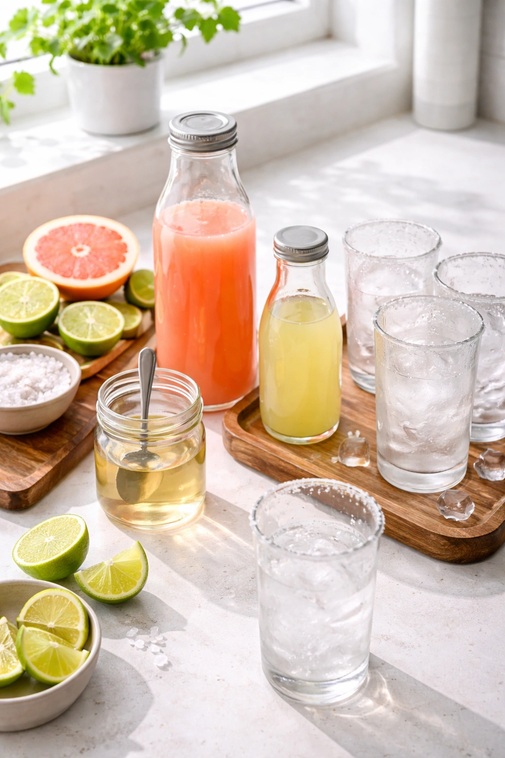 Paloma prep ingredients stored for make-ahead: grapefruit juice, lime juice, simple syrup, and chilled glasses.