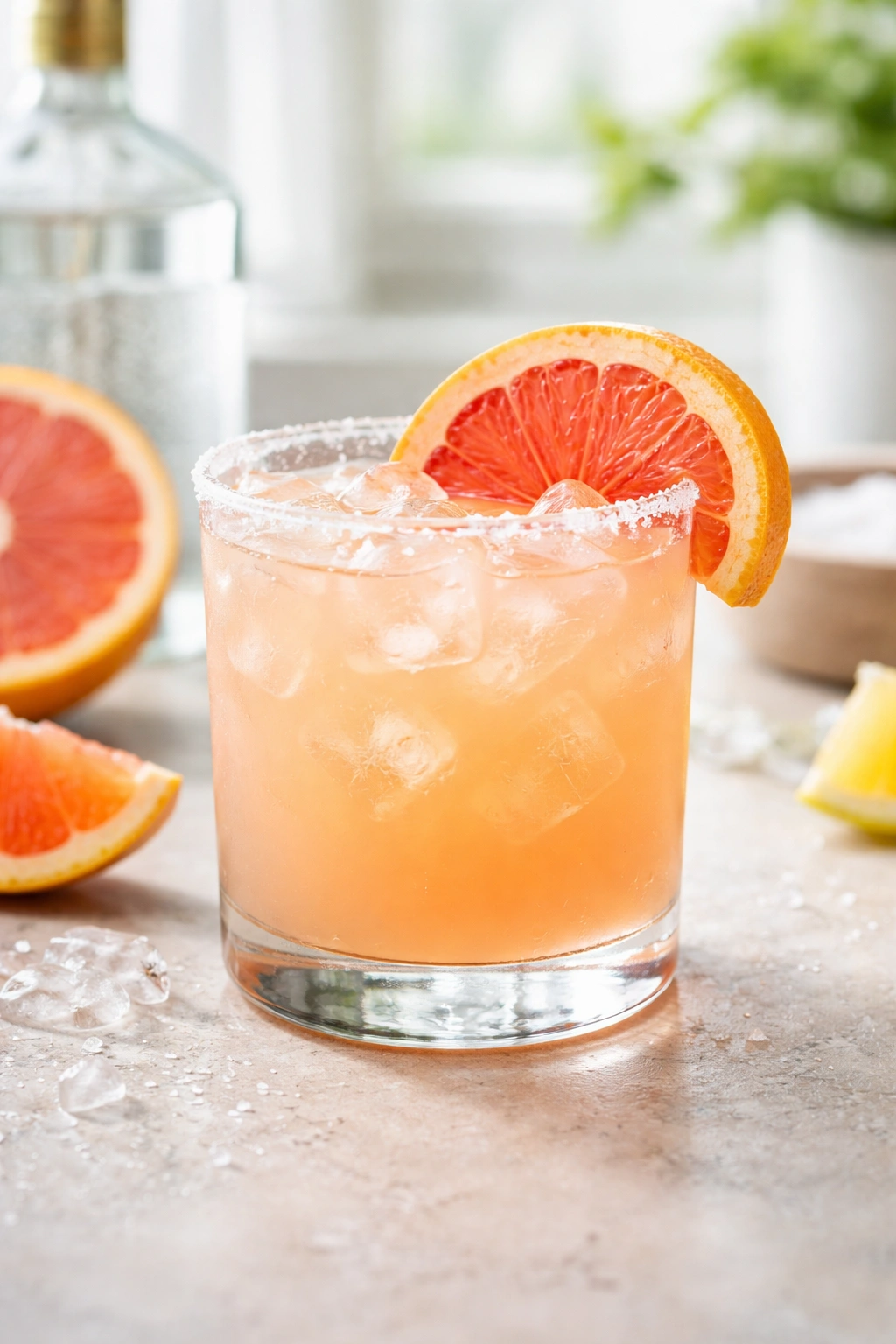 Tequila Paloma in a salted rim glass with grapefruit garnish