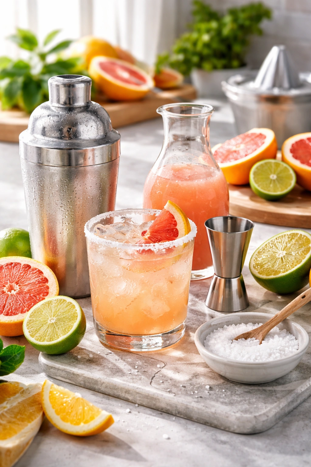 Chilled shaker, ice-filled glass, and citrus halves for Paloma tips